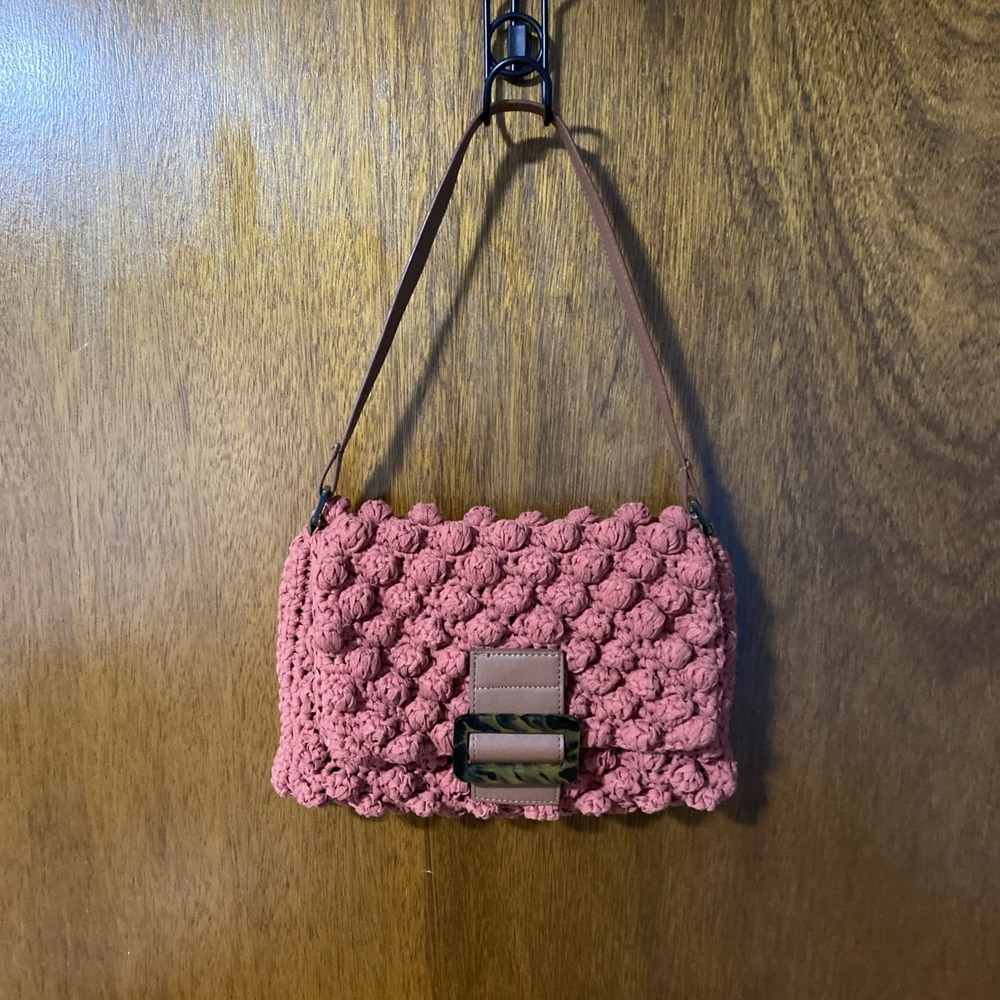 Crochet Knotted Purse Burnt Orange Woven Shoulder Bag Faux Leather Strap Small